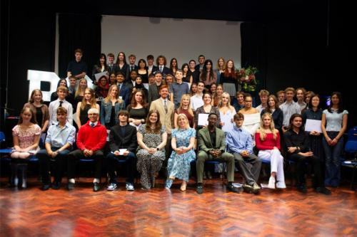 Symonds Principal Sara Russell, alumna and award-winning choreographer, Cathy Waller, and a selection of the night's award winners.